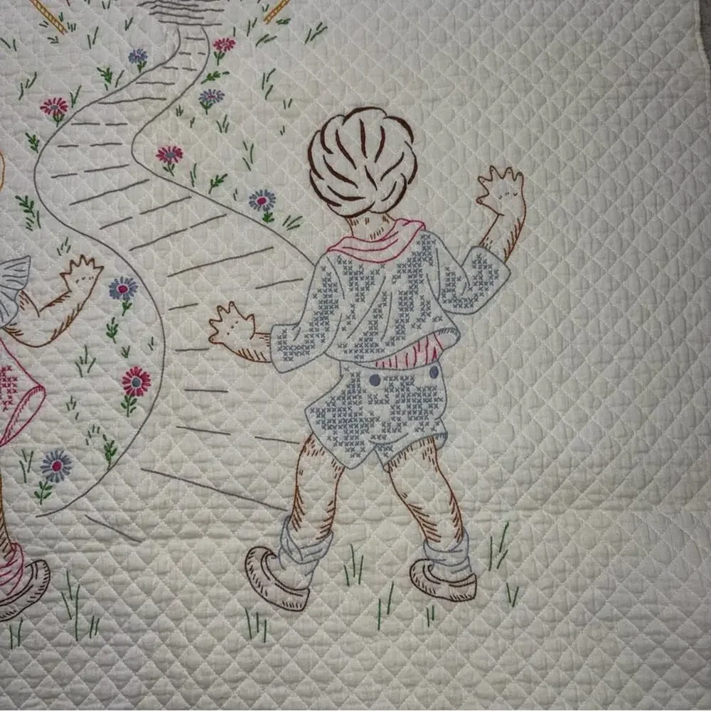Vintage Handmade Embroidered Gingerbread House Baby Quilt 36x55